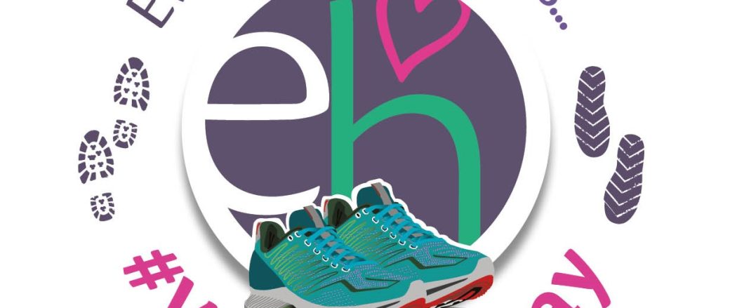 EH Logo with trainers and #WalkThisMay text underneath