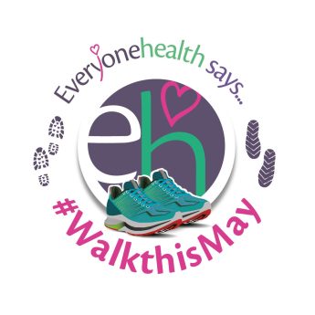 EH Logo with trainers and #WalkThisMay text underneath