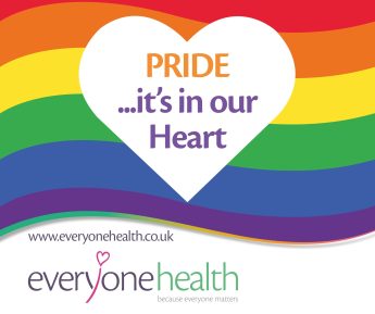 Graphic with a rainbow background and heart with text that reads 'Pride... it's in our Heart'.